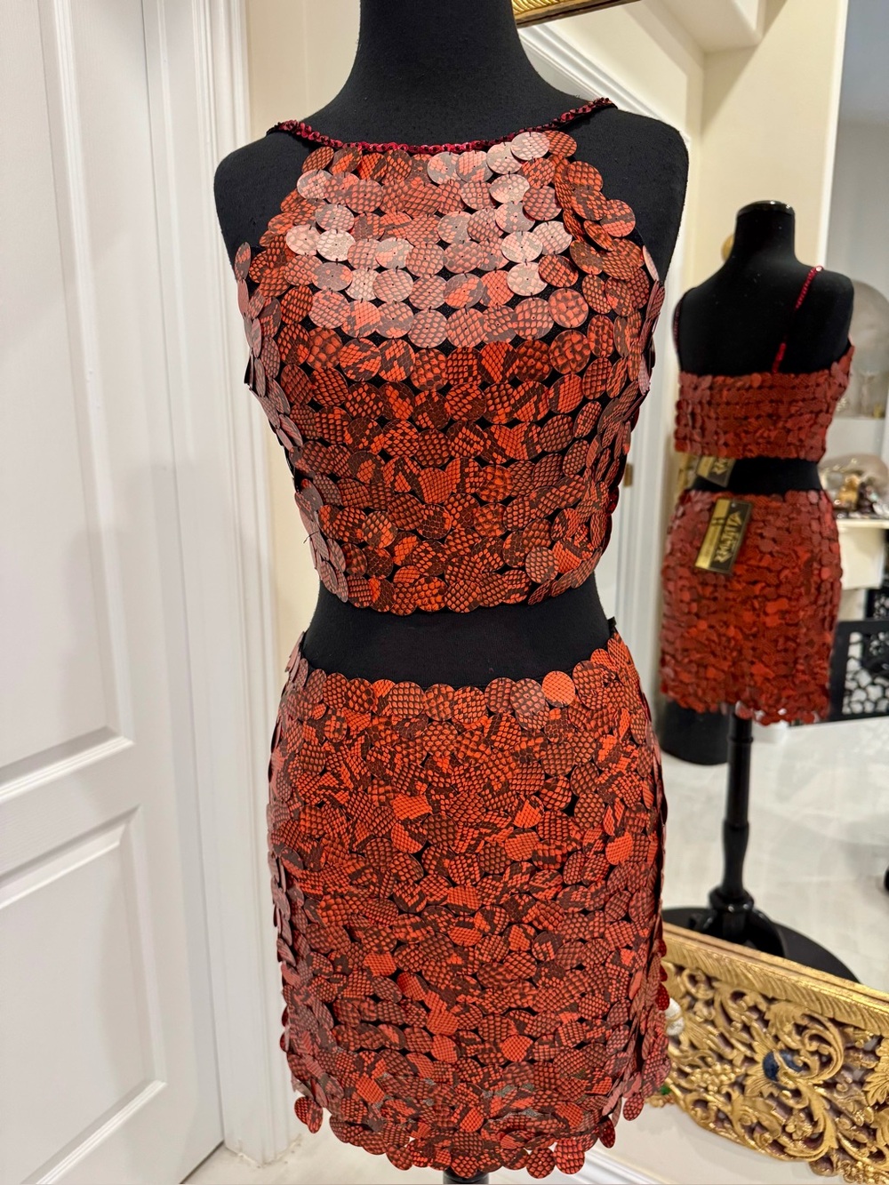 Attitudes by Debra Red & black snake sequin hand, beaded top and skirt set